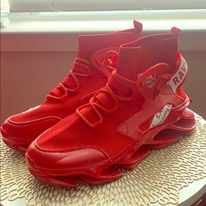 Red athletic sneakers.